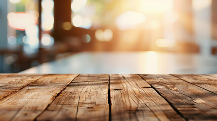 Sticker - An empty wooden table awaits a touch of warmth, set against a backdrop of blurred bokeh cafe lights, perfect for product display.