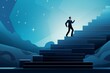 © kkkiim graphic - Cartoon Man in Business Attire Running Up Stairs of an Upward Arrow: A Symbol of Progress and Growth Towards Success.