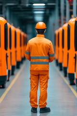 A worker in an orange uniform stands amidst a line of brightly colored transport vehicles in a modern industrial setting