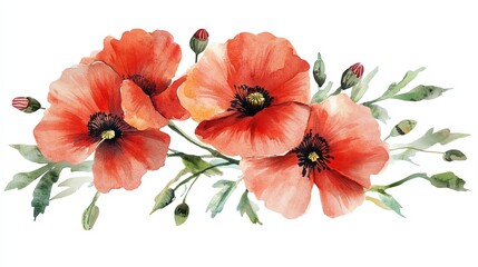 Wall Mural - watercolor painting of three red poppies with green leaves and buds on a white background.