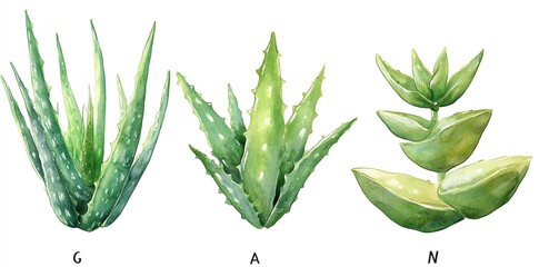 Watercolor painting of three Aloe Vera plants, labeled with G, A, and N, on a white background.