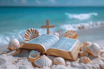 Beachside Christian Retreat with Bible Jesus Cross Seashell Starfish Sand Waves Ocean