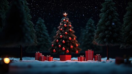 Wall Mural - A beautifully decorated Christmas tree surrounded by gifts in a snowy night setting.