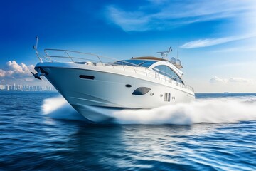 A modern white luxury yacht speeds across clear blue waters under a bright sky, showcasing its elegant design and power