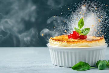 A delicious dessert topped with cherries and basil, with steam and powdered sugar creating a delightful atmosphere.