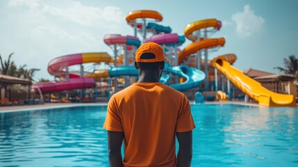 Man in Orange Shirt and Cap at Water Park