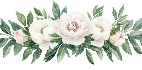 Wall Mural - watercolor painting of a floral arrangement with white peonies and green leaves on a white backgroun