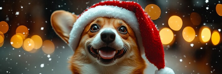 Happy Corgi dog wearing a santa hat in the city street