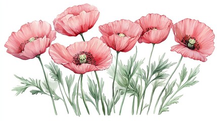 Wall Mural - a watercolor illustration of a cluster of pink poppies with green leaves and stems on a white backgr