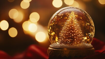 Wall Mural - A shimmering snow globe featuring a golden Christmas tree surrounded by a soft, glowing bokeh during the festive season