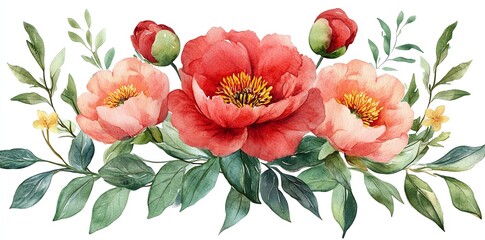Wall Mural - watercolor painting of a bouquet of pink and red peonies with green leaves.