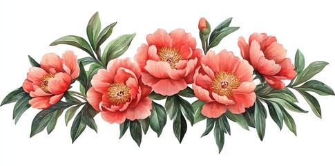 Wall Mural - watercolor illustration of a blooming pink peony flowers and green leaves on a white background.