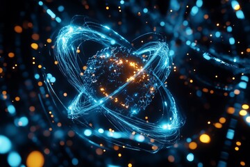 A glowing blue sphere surrounded by a ring of light against a dark background with scattered bokeh.