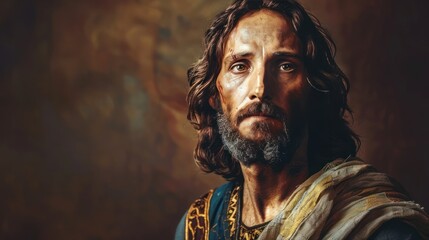 Divine Presence: Realistic Portrait of Jesus Christ Against Dark Brown Background