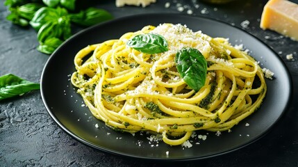 Pasta on a dark plate with green pesto and parmesan cheese. Dark plate with italian foods. Ultra realistic. Photorealistic 