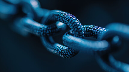 close up view of digital chain made of binary code, symbolizing concept of blockchain technology and its impact on data management. image conveys sense of innovation and security in digital realm