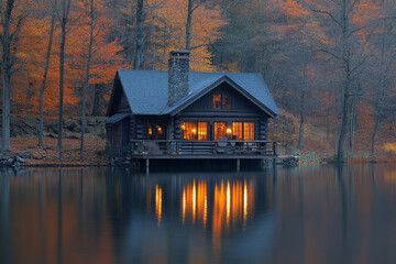 Wall Mural - A small cabin with a fireplace and a chimney sits on a lake