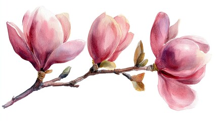Wall Mural - watercolor painting of three pink magnolia flowers on a branch.