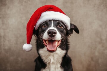 A cheerful dog wearing a Santa hat smiles happily against a neutral background during the festive holiday season