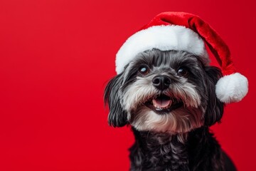 Wall Mural - A cheerful dog in a Santa hat smiles brightly against a vibrant red background during the festive holiday season