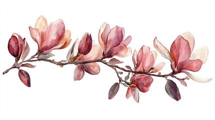 Wall Mural - watercolor painting of a magnolia branch with pink flowers and green leaves on a white background.