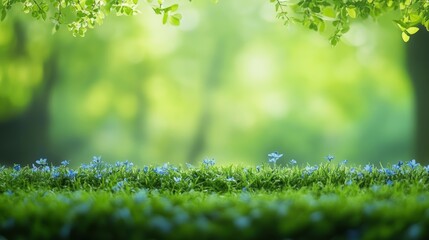 Serene spring landscape, vibrant blue flowers amidst lush green grass tranquil