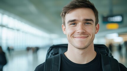 Portrait of a happy young man solo traveler with a backpack inside an airport terminal, He is happy new adventure