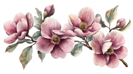 Wall Mural - watercolor painting of a branch with pink flowers and green leaves.
