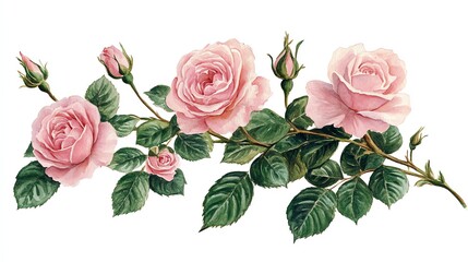 Wall Mural - a delicate branch of pink roses with buds and green leaves, isolated on white.