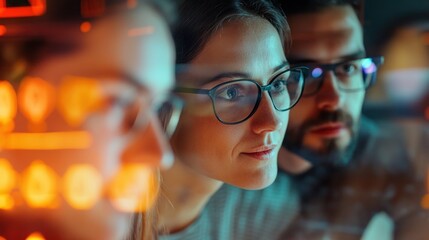 Three colleagues looking at a screen with data and graphs, lit by warm light.