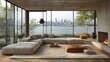 © artzone - Modern living room with a view of the city skyline and water.