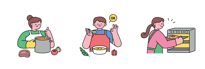 Wall Mural - people wearing aprons and cooking.cute face people upper body character illustration with outline.
