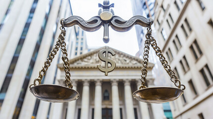 Wall Mural - Scale balancing currency symbol in front of financial building promoting economic power and inflation awareness