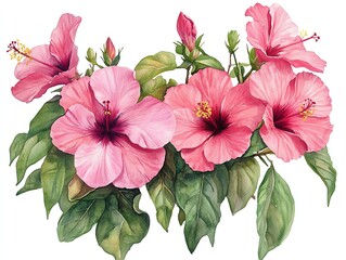 Wall Mural - watercolor painting of pink hibiscus flowers with green leaves on a white background.