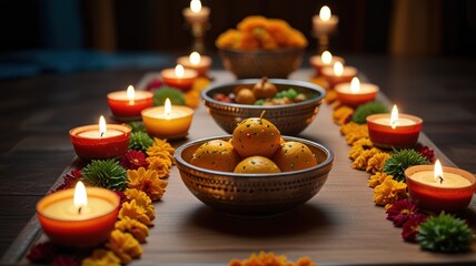 Wall Mural - A row of candles and flower petals surround small bowls filled with fruit and sweets on a wooden table.