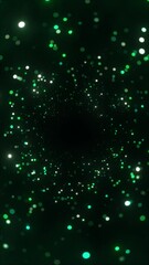Wall Mural - Abstract shimmering particles swirling in dark green background, glowing bokeh lights creating festive atmosphere, seamless loop, ideal for holiday New Year celebrations. Copy space.
