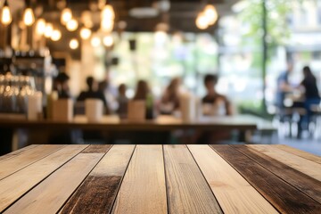 Poster - Wooden table top with blurred cafe background.