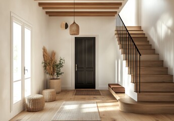 Modern entryway with wooden staircase, two wicker ottomans, and a potted plant.