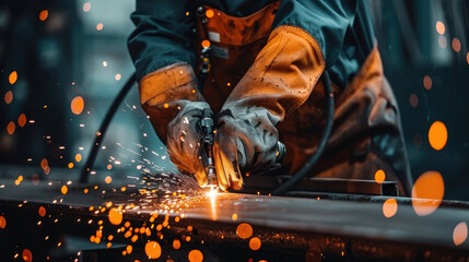 Welding sparks fly as commercial diver skillfully works on submerged pipeline, showcasing precision and expertise in challenging environment