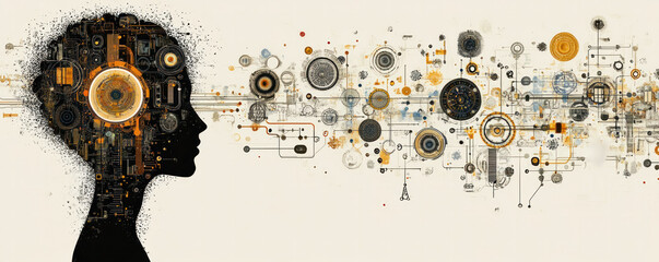 A brain with many gears and wires coming out of it. The brain is surrounded by a lot of other gears and wires