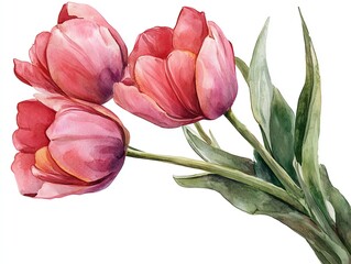 Wall Mural - watercolor painting of three pink tulips with green leaves.