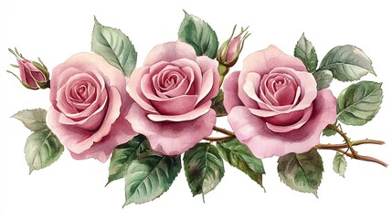 Wall Mural - three pink roses with buds and green leaves on a white background.