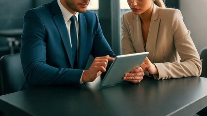 Two professionals examining a tablet together at a table.