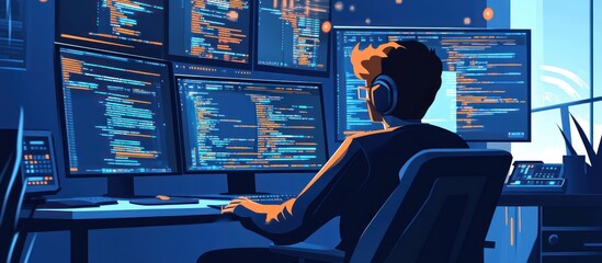 A programmer working late at night, surrounded by multiple monitors displaying code.