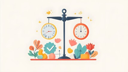 Time Management Concept with Clocks on Scales and Flowers