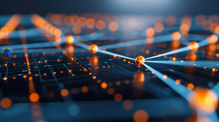 Digital network of glowing points and sleek lines creates mesmerizing visual of connectivity and technology. vibrant orange and blue colors evoke sense of innovation and progress