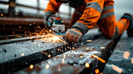 Poster - diver is cutting thick steel plates underwater, creating sparks and showcasing intensity of task. scene captures focus and skill required for this challenging work