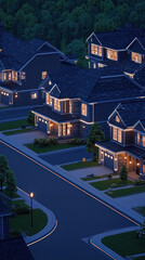 A row of houses with a street in the background. The houses are lit up at night. Scene is cozy and inviting