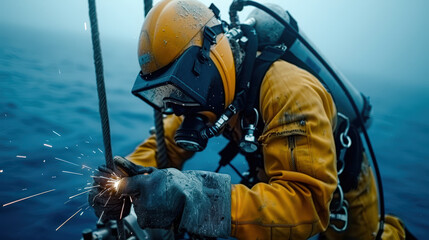 Diver welding on underwater pipeline, showcasing skill and precision in challenging environment. scene captures intensity and focus required for underwater work