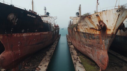 Two old ships are sitting in a canal, one of which is named 